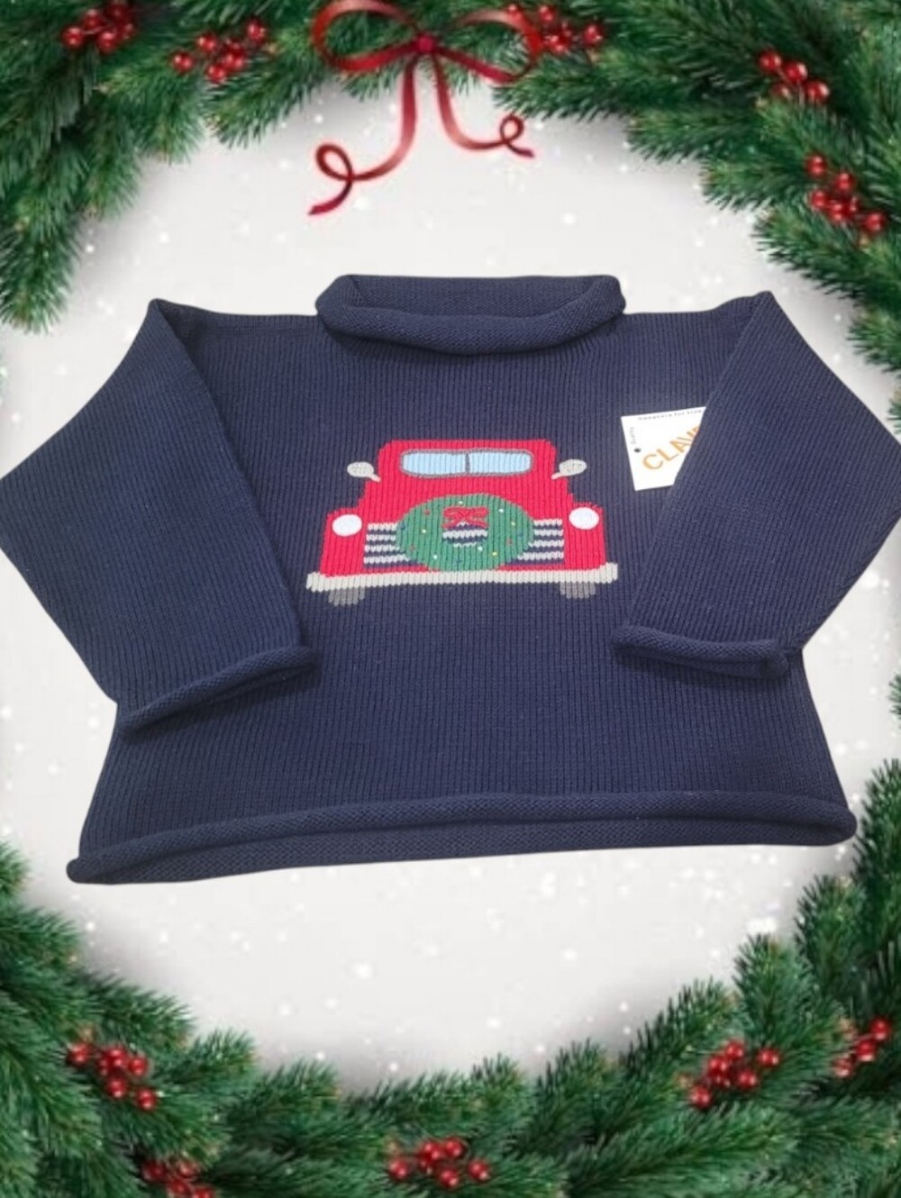 Claver Unisex Roll-neck Navy Blue Sweater With Pickup Truck & Wreath
